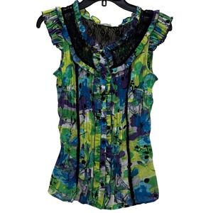 NY Collection Womens Floral Lace Ruffle Pleated‎ Top Small Y2K 90s Whimsygoth